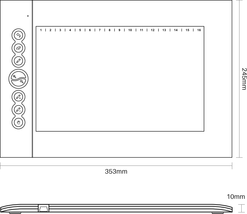 Sketch of the drawing tablet, with its dimensions marked by lines and numbers